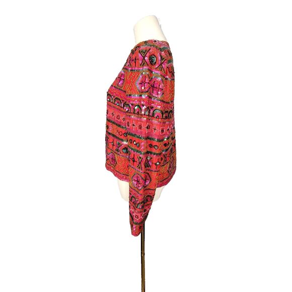 Vintage Nipon Night Jacket Sz M Red Black Sequin Silk Lined Beaded 80s 90s - Picture 8 of 17